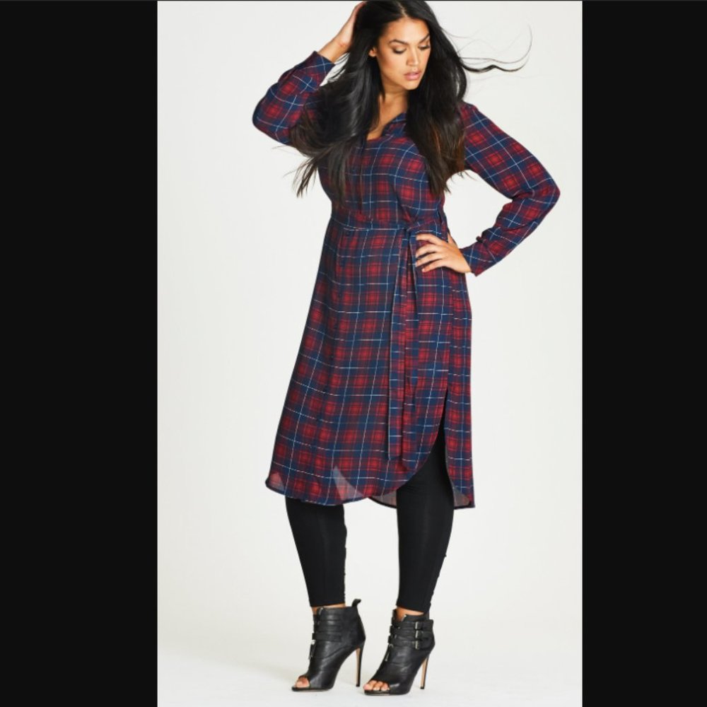 City Chic Red and Blue Plaid Shirt Dress